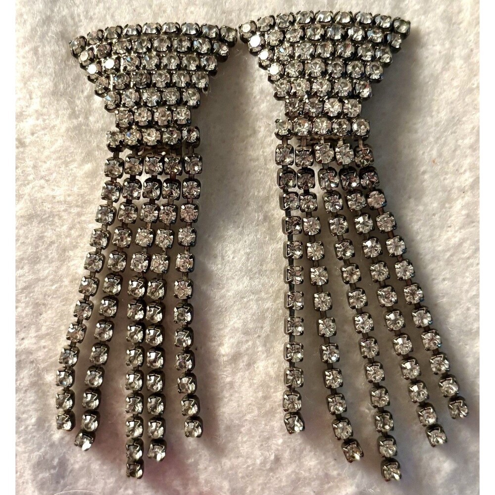 Vintage 3.5” Rhinestone Waterfall Clip On Earrings Fringe Statement Silver